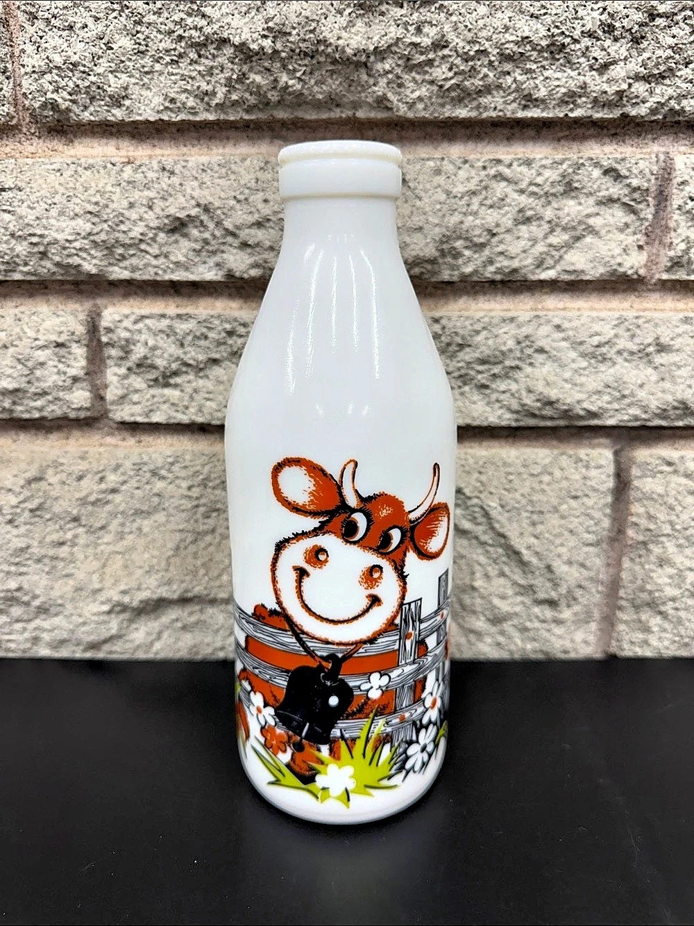 Vintage 1970s Egizia Italy Milk Glass Bottle Smiling Cow Farmhouse Retro
